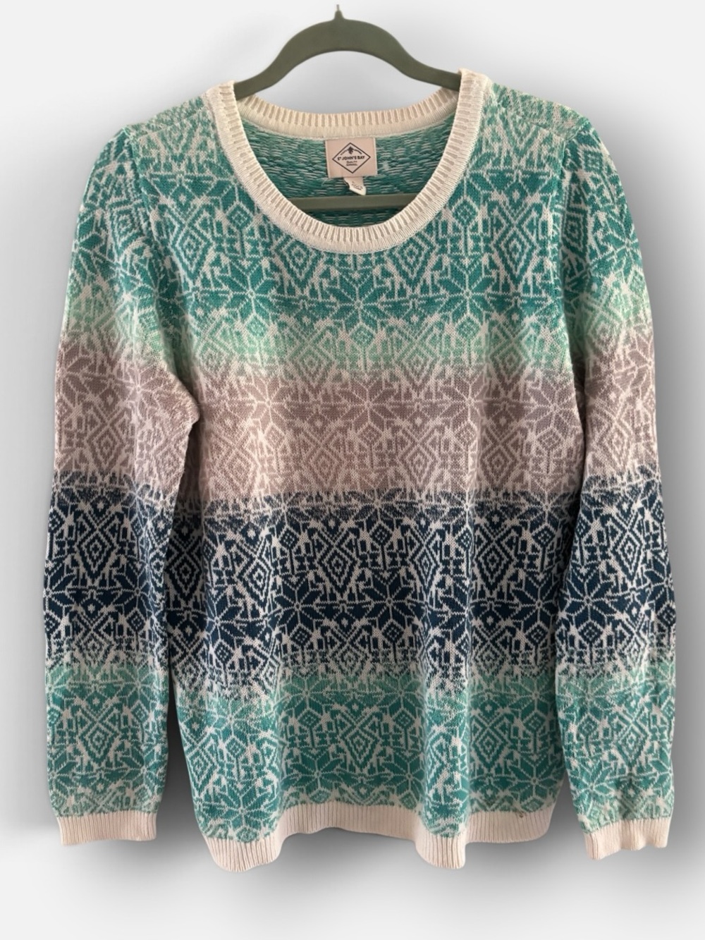 St. John’s Bay Horizontal Stripes Fair Isle Teal Navy Cream Crew Neck Sweater L